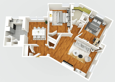 Floor plan for 2 beds, 1 bath, 1141 sqft